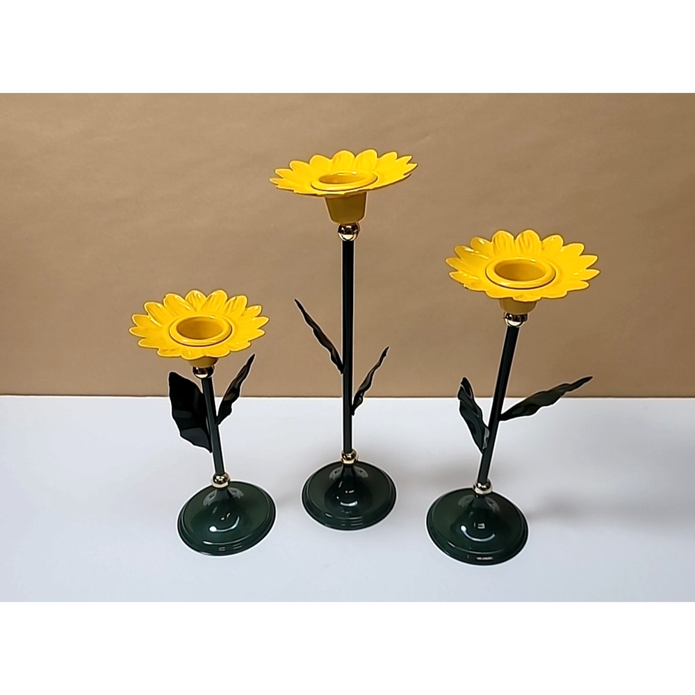 Set of 3 Yellow/Green Metal Sunflower/Daisy Candlestick Holders-Cottage-Spring